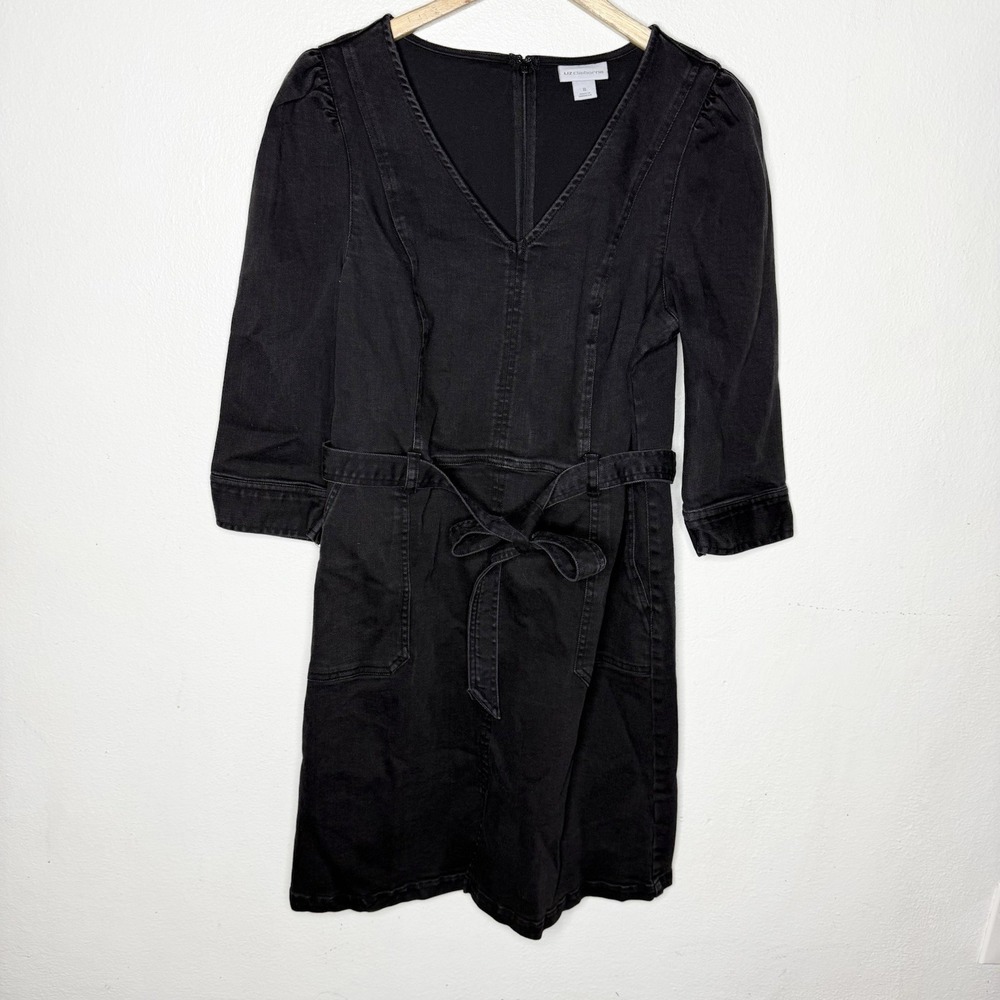 Liz Claiborne Black V-neck Denim 3/4 Sleeve Dress Waist Tie Womens 8‎